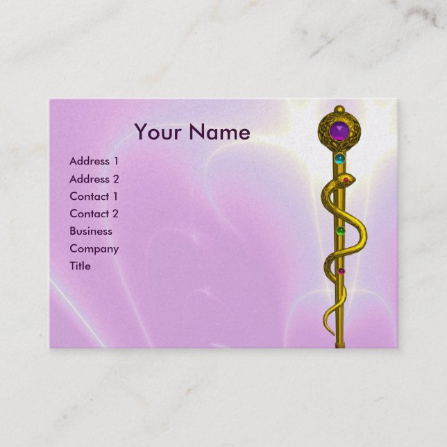 ROD OF ASCLEPIUS Gold Medical Healing Symbol Pink Business Card (Front)