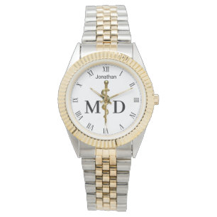 Rod of Asclepius Gold on White Medical Doctor MD Watch