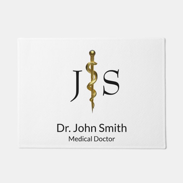 Rod of Asclepius Medical Classy Gold on White Doormat (Front)