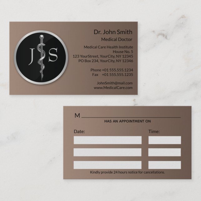Rod of Asclepius Medical Classy Noble Silver Appointment Card (Front/Back)