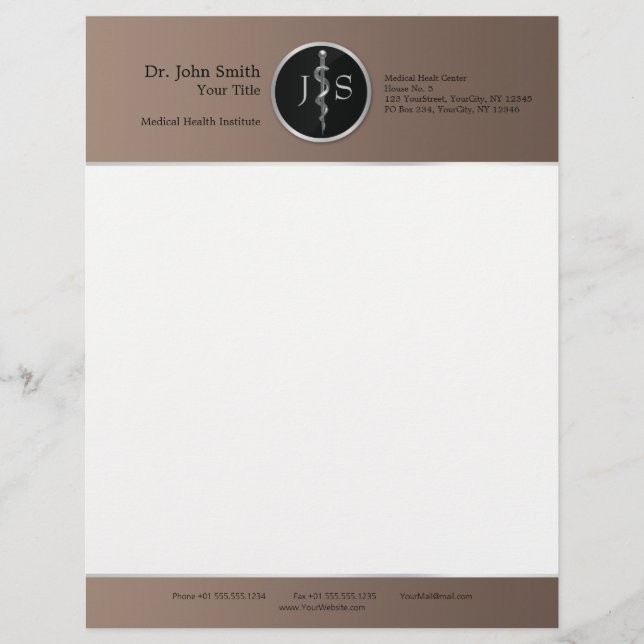 Rod of Asclepius Noble Classy Medical Silver Custom Letterhead (Front)