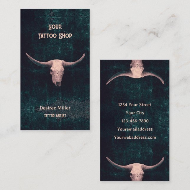 Rodeo Beige Teal Western Tattoo Shop Bull Skull Business Card (Front/Back)
