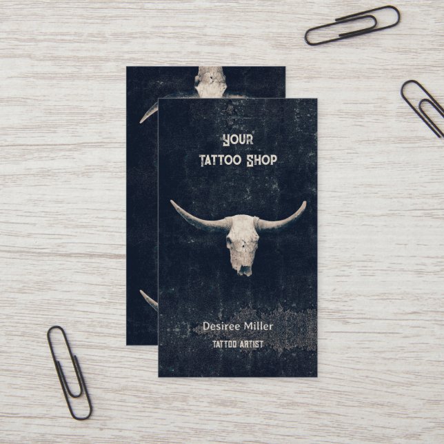 Rodeo Black Rustic Western Tattoo Shop Bull Skull Business Card (Front/Back In Situ)