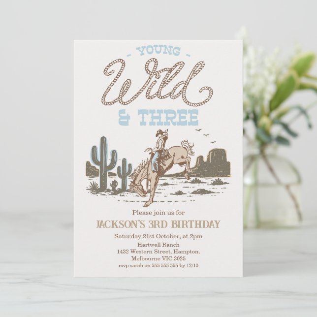 Rodeo Blue Brown Young Wild Three 3rd Birthday  Invitation (Standing Front)