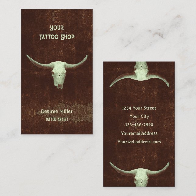Rodeo Brown Rustic Western Tattoo Shop Bull Skull Business Card (Front/Back)