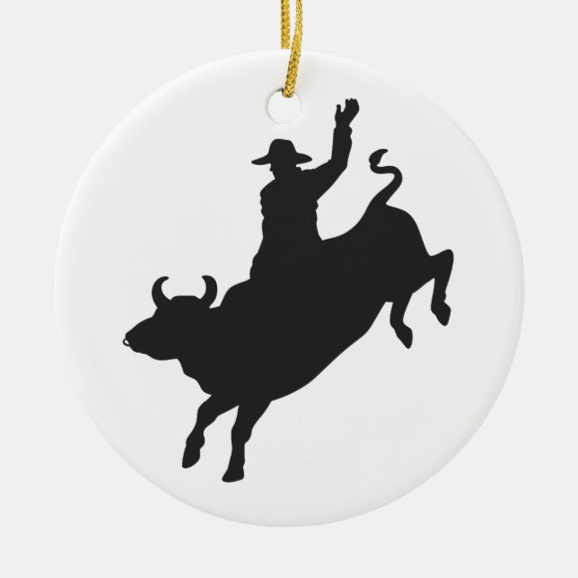 Rodeo Bull Ride silhouette Ceramic Tree Decoration (Front)