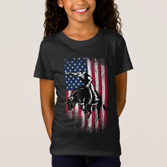 Rodeo Bull Rider Patriotic American Flag Cowboys T-Shirt (Front)