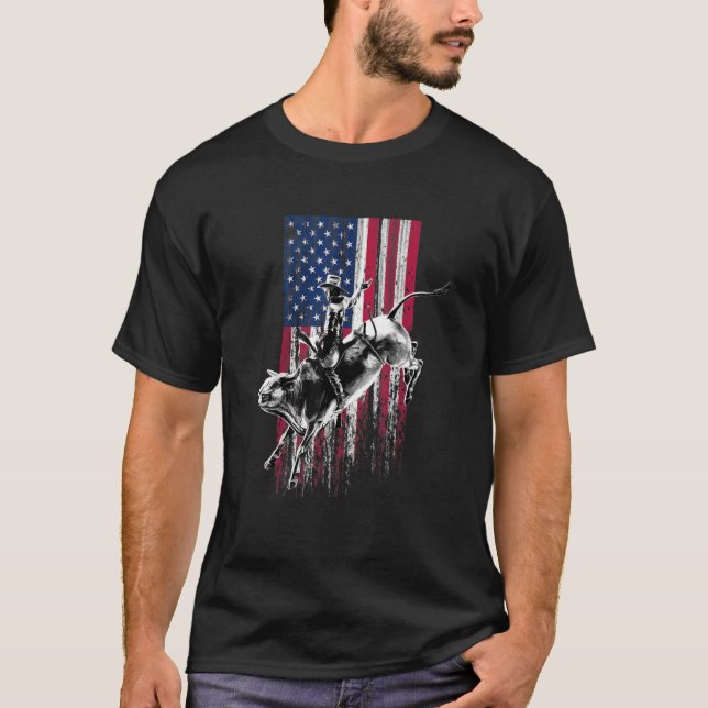 Rodeo Bull Rider Patriotic American Flag For Cowb T-Shirt (Front)
