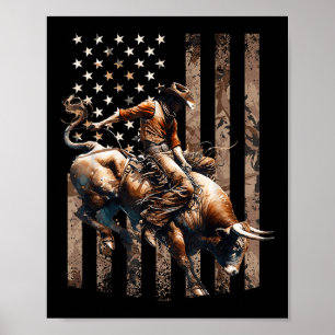 Rodeo Bull Rider Patriotic Cowboy Usa Flag Desert  Poster