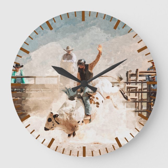 Rodeo Bull Riding Rustic Western  Large Clock (Front)