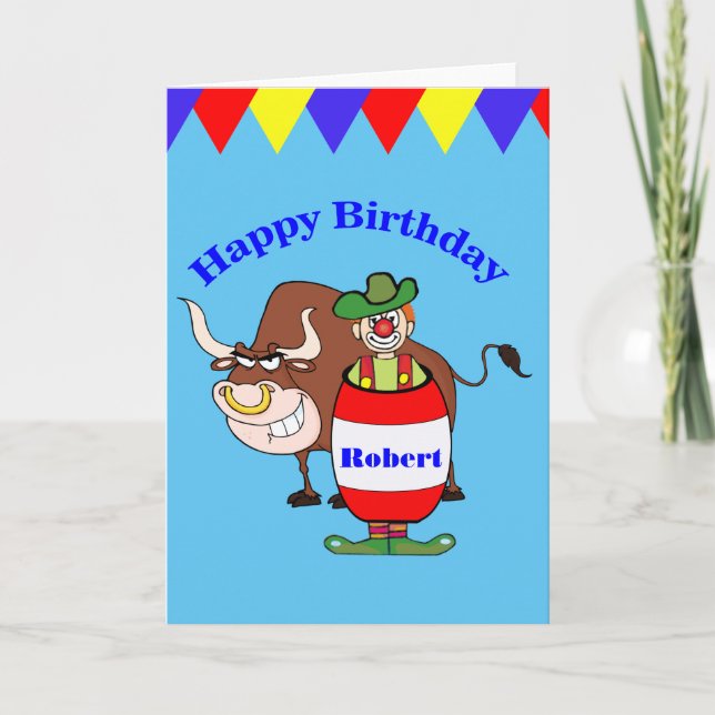 Rodeo Clown and Bull Personalise Birthday Card (Front)