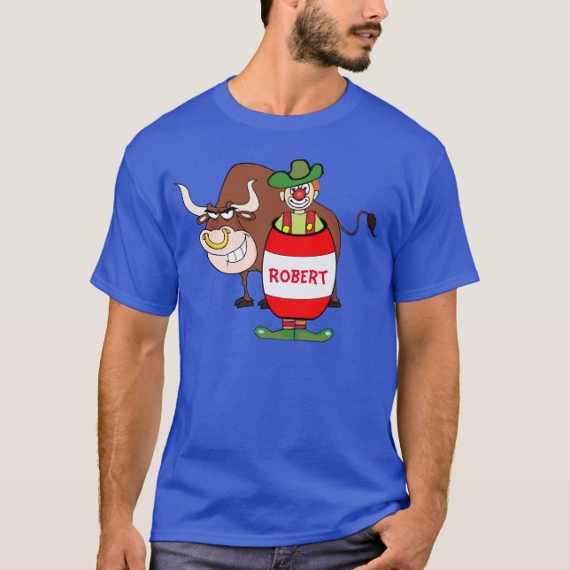 Rodeo Clown In Barrel And Bull Cartoon Personaliz T-Shirt (Front)