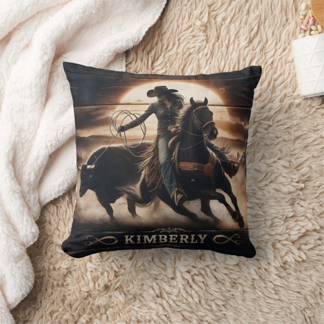 Rodeo Competitor Roping Cattle at Sunset Cushion (Blanket)