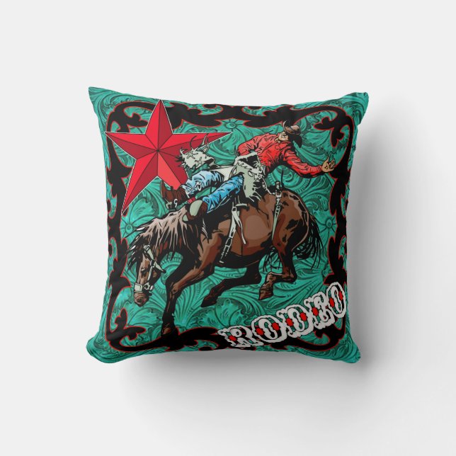 Rodeo Cowboy Bareback Bronc Rider Throw Pillow (Front)