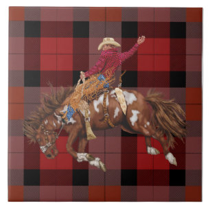 Rodeo Cowboy Bronco Busting On Plaid Tile