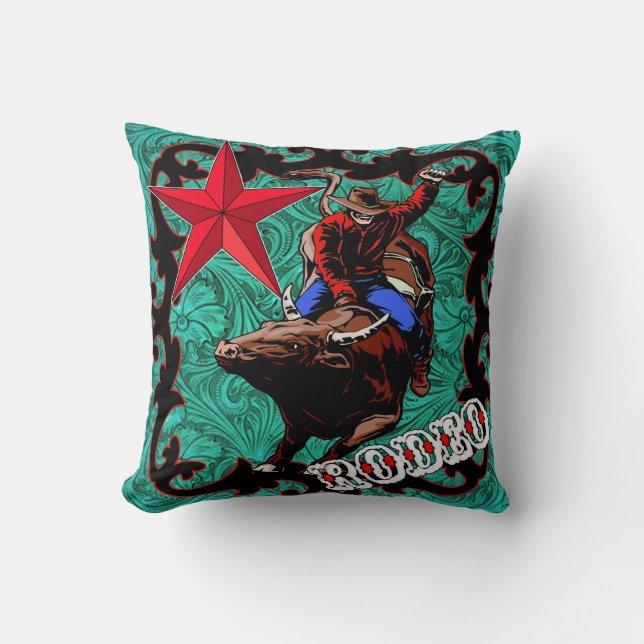 Rodeo Cowboy Bull Riding Throw Pillow (Front)
