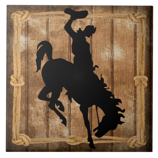 Rodeo Cowboy Horse Bronco Silhouette Tile (Front)