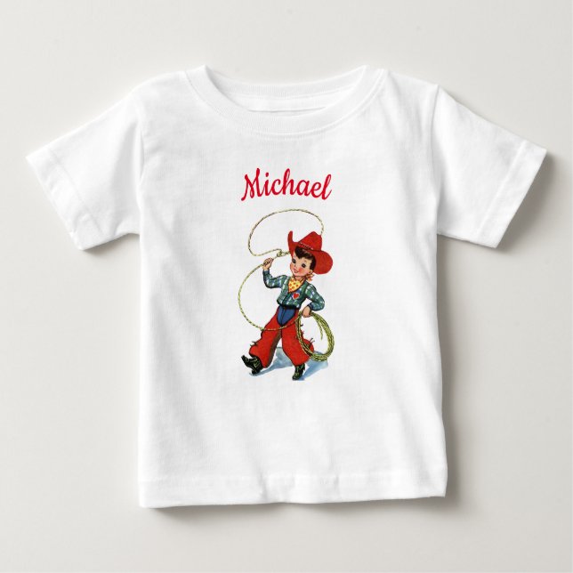 Rodeo cowboy with lasso rope personalised name boy baby T-Shirt (Front)