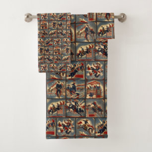 Rodeo Cowboys  Bull and Bronc Riding Print Bath Towel Set