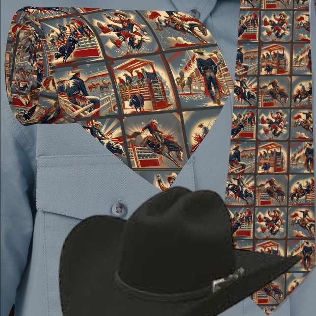 Rodeo Cowboys  Bull and Bronc Riding Print Tie (Western Rodeo Events Bronc Riders Bull Riders Rodeo Clown Men's Necktie)