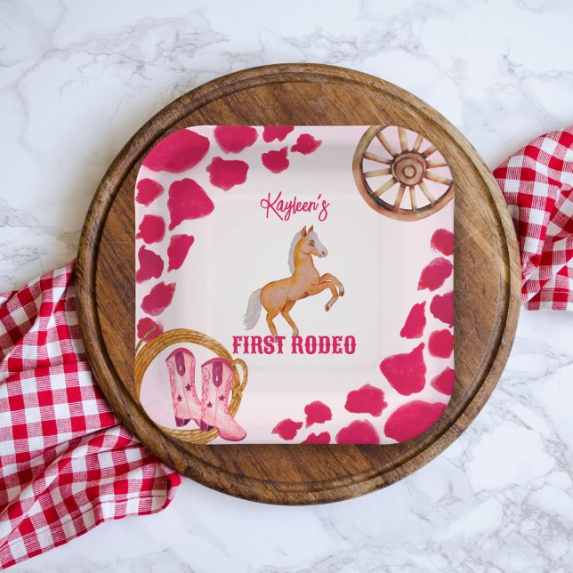 Rodeo cowgirl birthday pink cow pattern pony  paper plate (Creator Uploaded)
