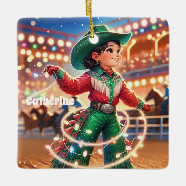 Rodeo Cowgirl Kid Twirling Christmas Lights  Ceramic Ornament (Front)