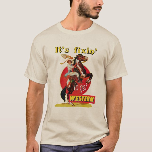 Rodeo Cowgirl On Horse Fixin to Get Western T-Shirt (Front)