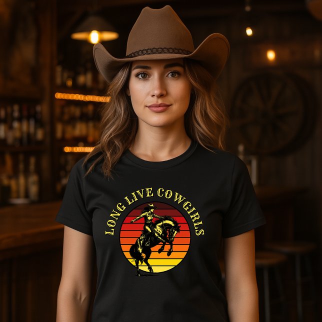 Rodeo Cowgirl On Horse & Retro Sunset Template T-Shirt (Creator Uploaded)