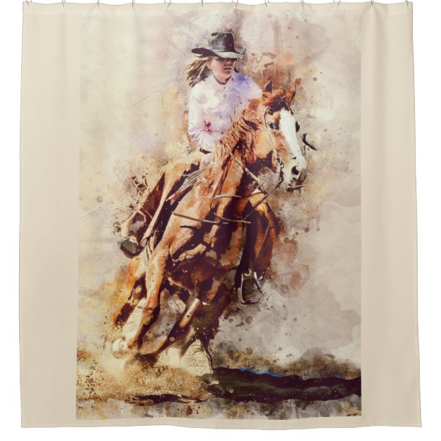 Rodeo Cowgirl riding horse shower curtain (Front)