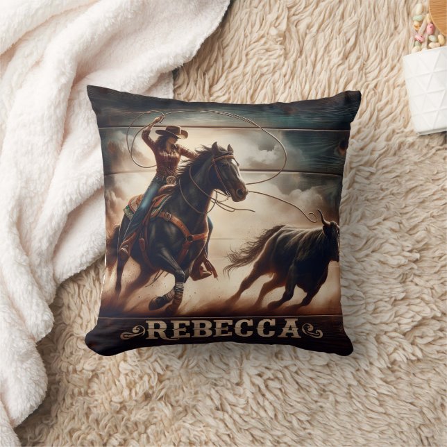Rodeo Cowgirl Roping a Bull at Dusk Cushion (Blanket)