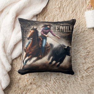Rodeo Cowgirl Roping a Calf at Sunset Cushion