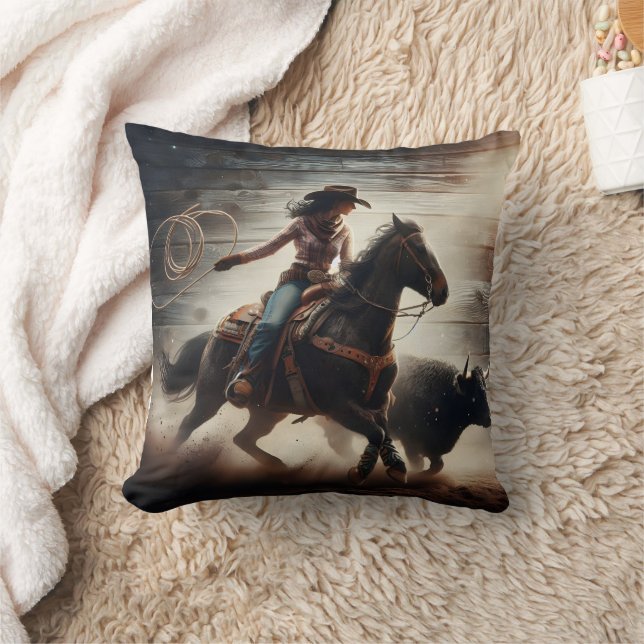 Rodeo Cowgirl Roping Bull in Dusty Arena Cushion (Blanket)