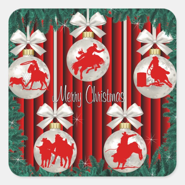Rodeo Ornaments On Red Holiday Stickers (Front)