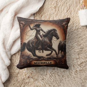 Rodeo Performance With Cowgirl and Horse Cushion