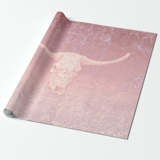 Rodeo Pink Art Texture Rustic Bull Skull Wrapping Paper (Unrolled)