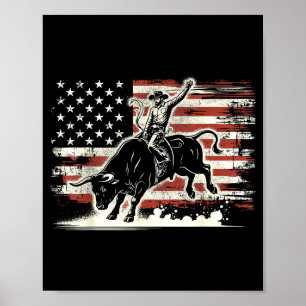 Rodeo Rider Bull Patriotic Cowboy Usa Flag Poster