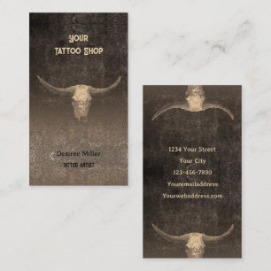 Rodeo Rustic Brown Texture Tattoo Shop Bull Skull Business Card