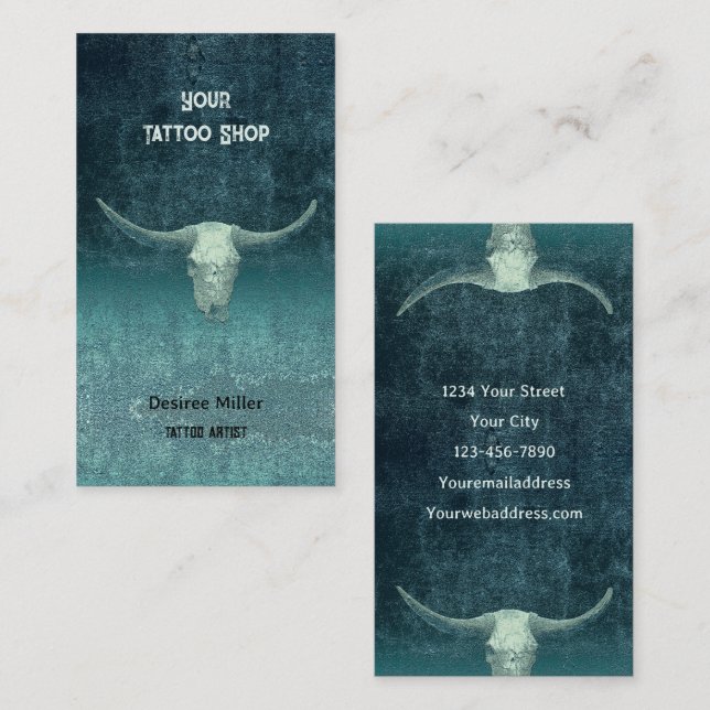 Rodeo Teal Tattoo Shop Rustic Bull Skull Business Card (Front/Back)