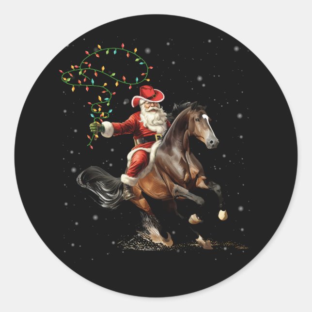 Rodeo Western Cowboy Santa Riding A Horse Merry Ch Classic Round Sticker (Front)