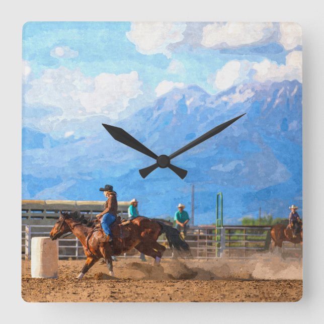 Rodeo Women's Barrel Racing Rustic Western Square Wall Clock (Front)