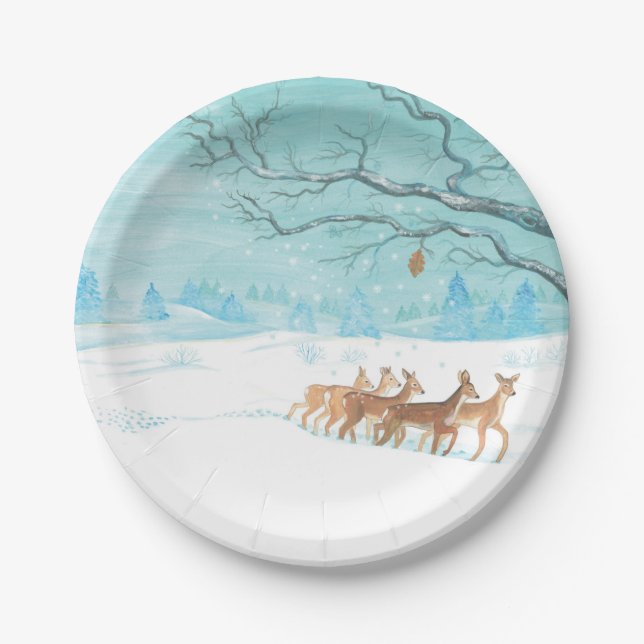 Roe Deer in the Winter Woodland Covered of Snow    Paper Plate (Front)