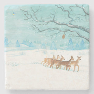Roe Deer in the Winter Woodland Covered of Snow Stone Coaster