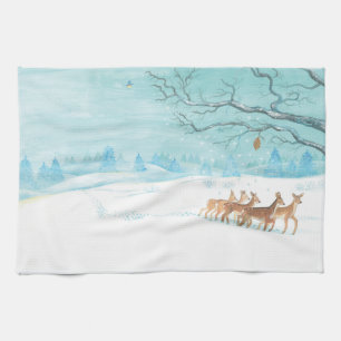 Roe Deer in the Winter Woodland Covered of Snow Tea Towel