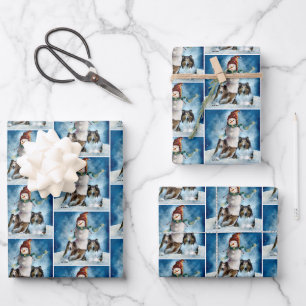 Rogh Collie with Snowman Christmas Wrapping Paper Sheet