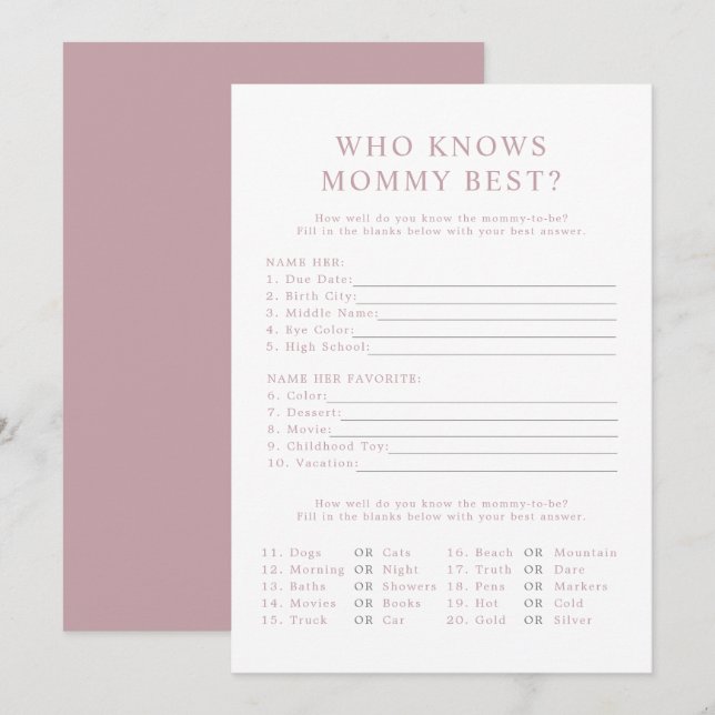 ROGUE Modern Dusty Rose Who Knows Mum Best Game Invitation (Front/Back)