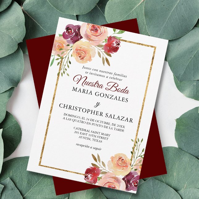 Roja Oro Flores Boda Elegante Spanish Wedding Invitation (Creator Uploaded)