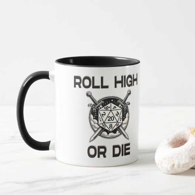 Roll high or die 20 side Dice Mug (With Donut)
