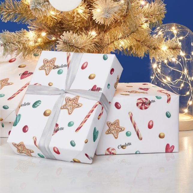 Roll, Name on Whimsy Holiday Candy Pattern Wrapping Paper (Holidays)