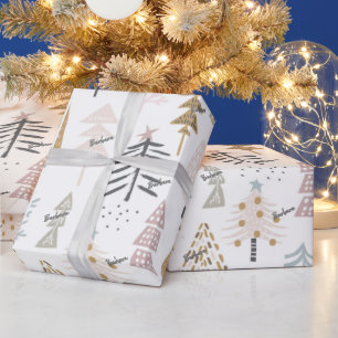 Roll, Name, Whimsical Illustrated Winter Trees Wrapping Paper