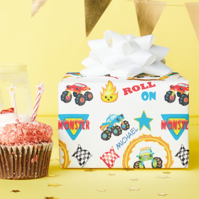 Roll On Monster Truck Personalised Birthday Wrapping Paper (Birthday Party)